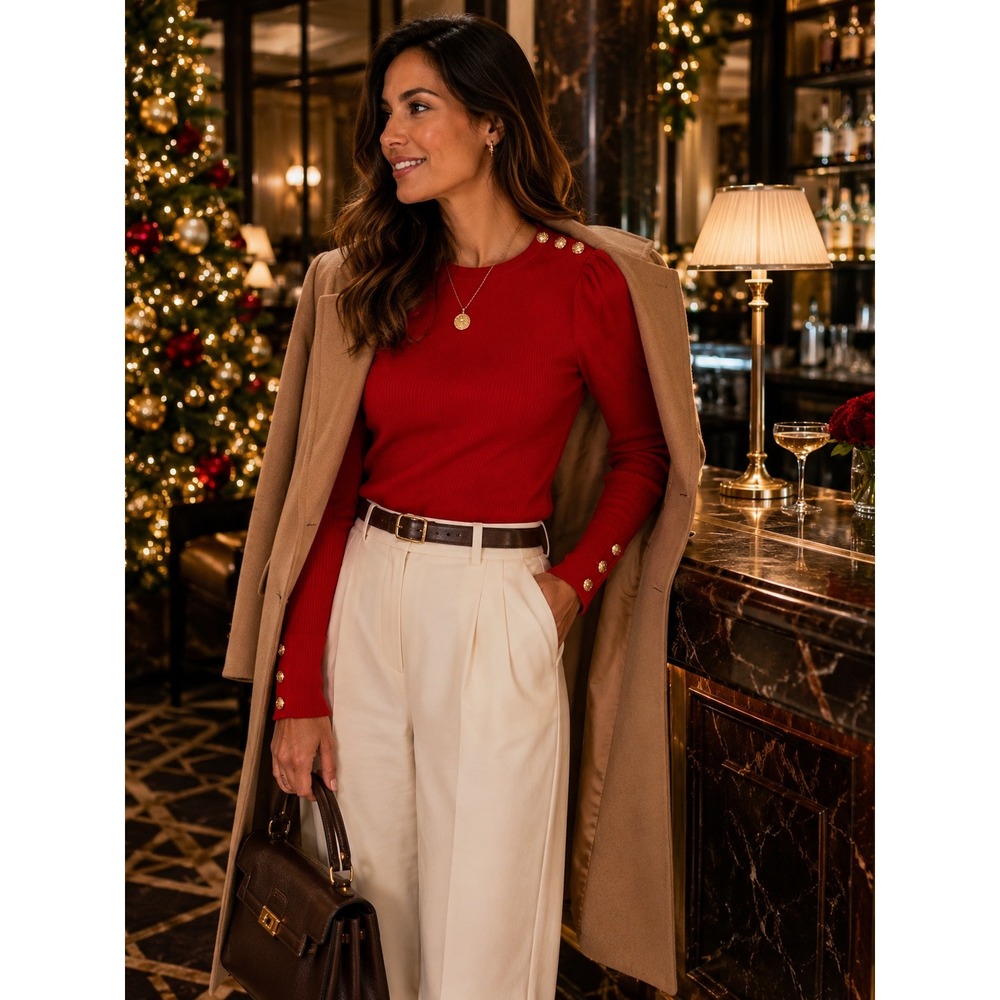 Lauren Ralph Lauren Red Ribbed Puff Sleeve Sweater Gold Crest Button Medium